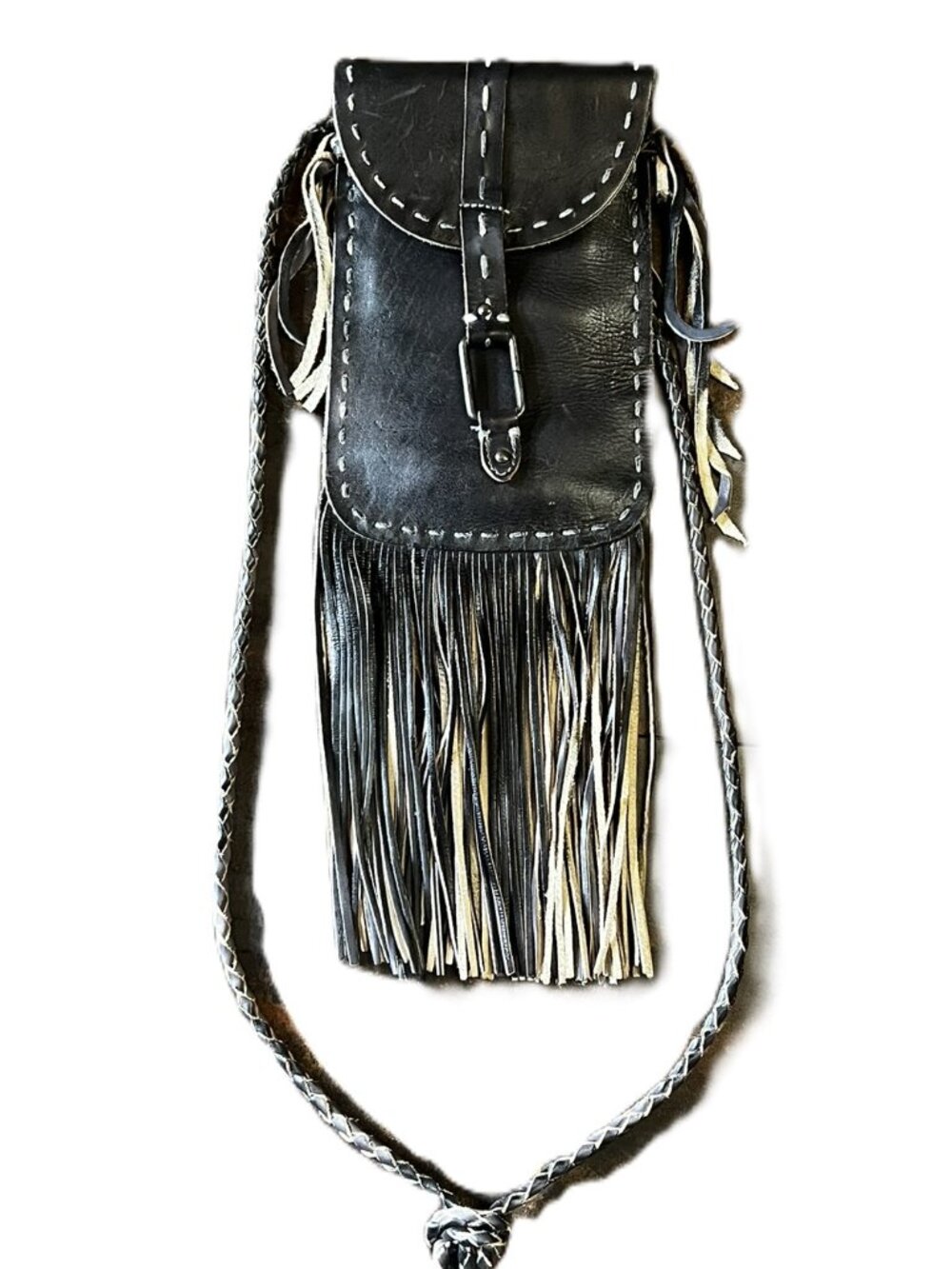 BED/STU Black Genuine Leather Lined Crossbody Bag with Fringe and Braided Strap